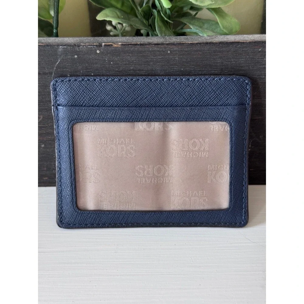 Michael Kors Navy Blue Saffiano Leather Card Holder Slim ID Wallet Silver Logo